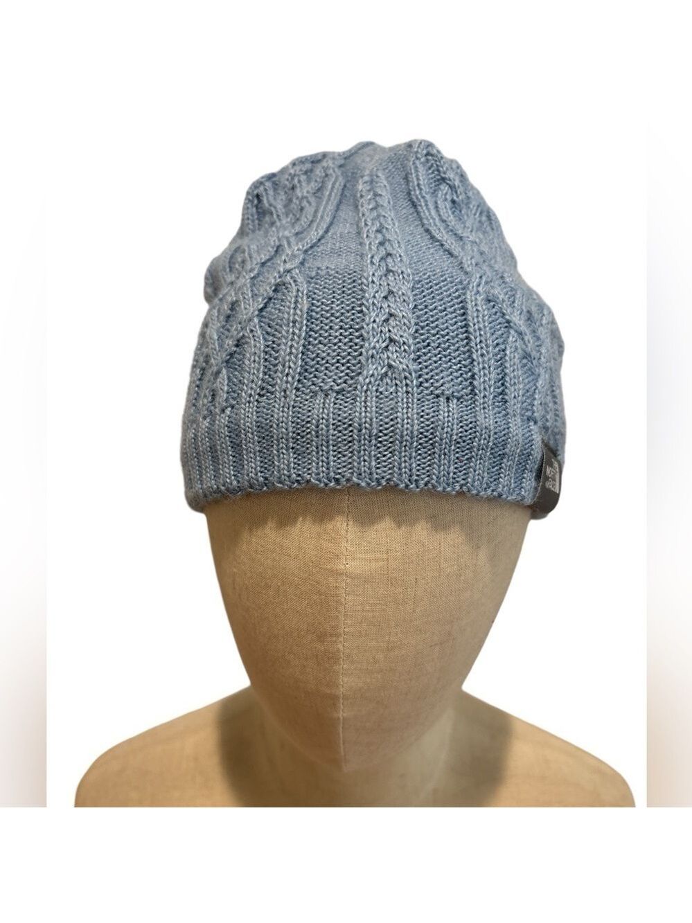 2 THE NORTH FACE WOOL BLEND LIGHT BLUE CABLE KNIT WINTER HATS SOFT WARM BEANIE - Picture 2 of 7